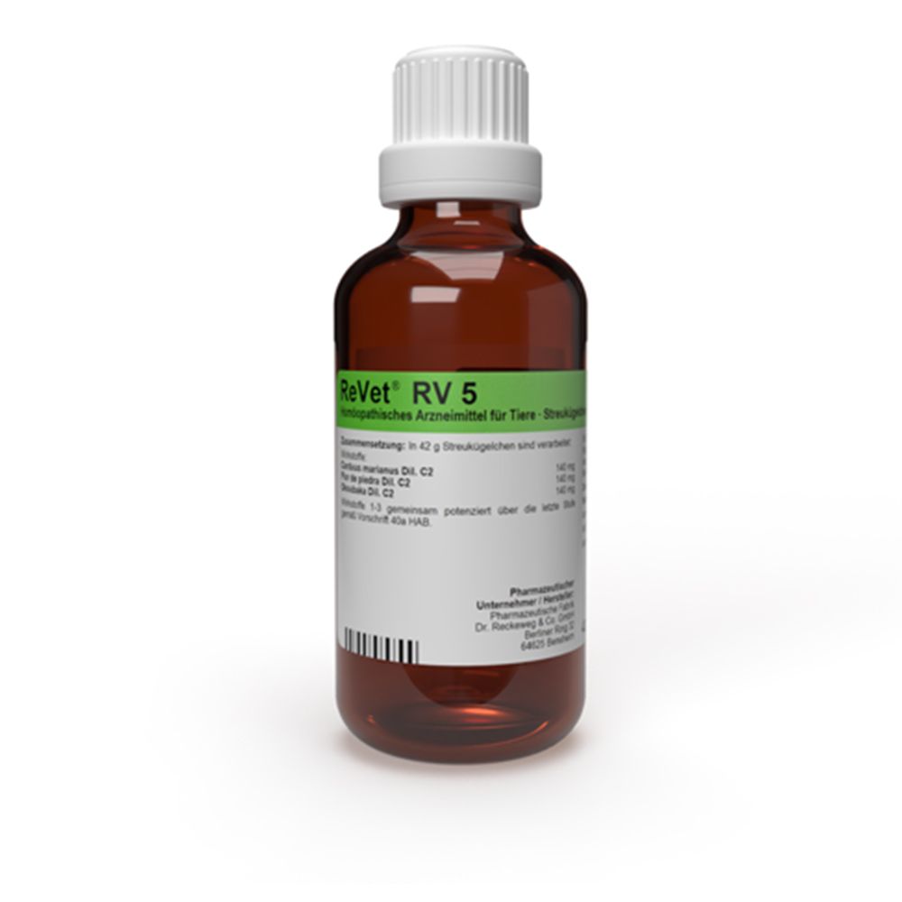 Braune Glasflasche mit weißem Deckel und grünem Etikett. Aufschrift: ReVet RV 5. Homöopathisches Arzneimittel für Tiere.