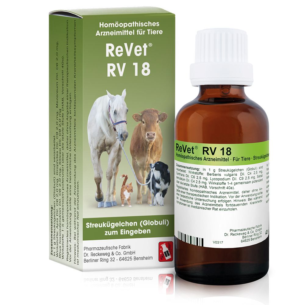Braune Glasflasche und grüne Schachtel. Aufschrift: ReVet® RV 18. Abgebildet sind Tiere: Pferd, Kuh, Hund und Katze.