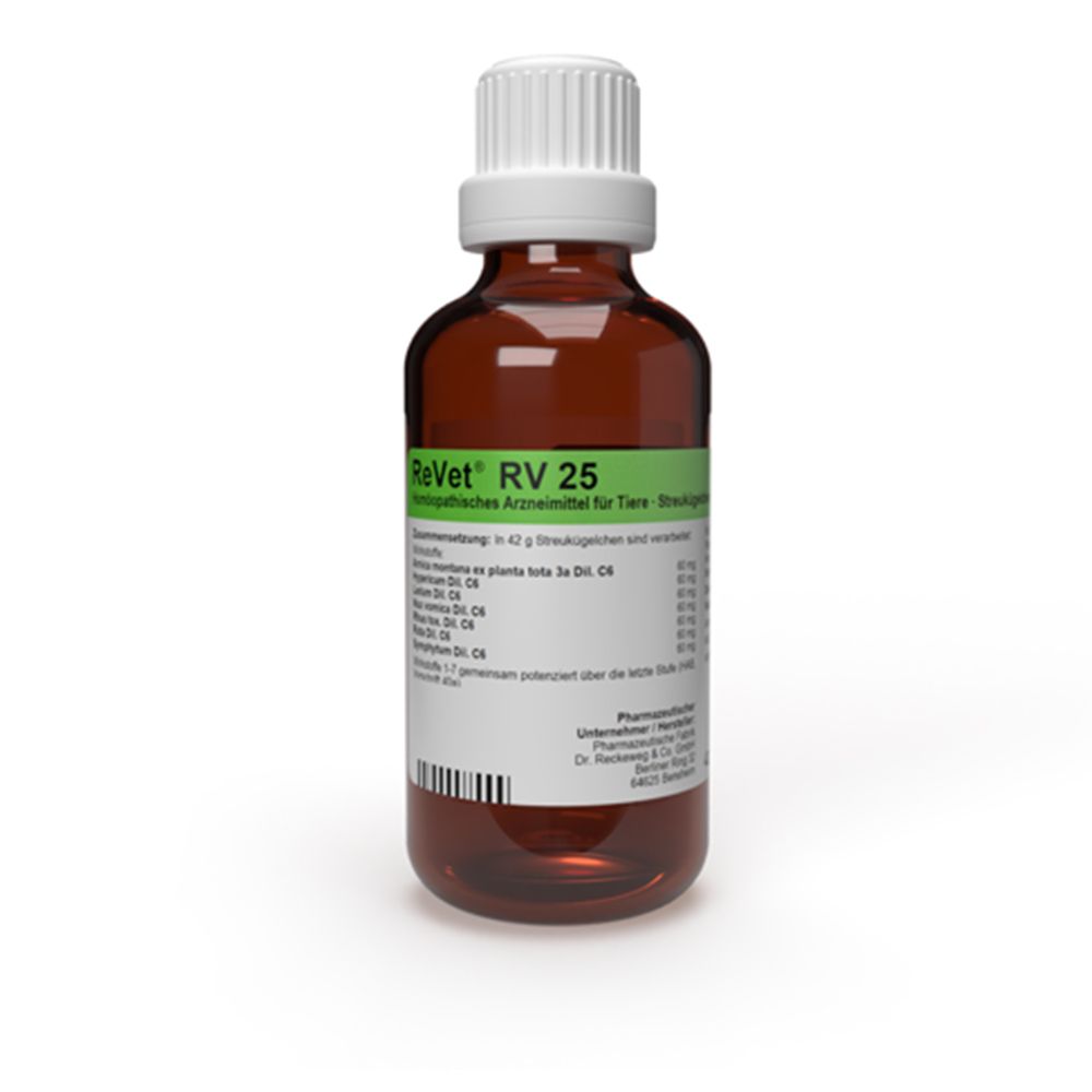 Braune Glasflasche mit weißem Deckel. Etikett mit Produktinformationen. Aufschrift: ReVet RV 25, homöopathisches Arzneimittel für Tiere.
