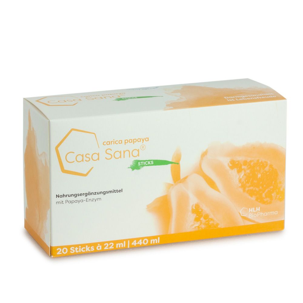 Karton Casa Sana Carica Papaya. Aufdruck: 20 Sticks à 22 ml, Papaya-Enzym. Orangefarbene Papaya-Abbildung.