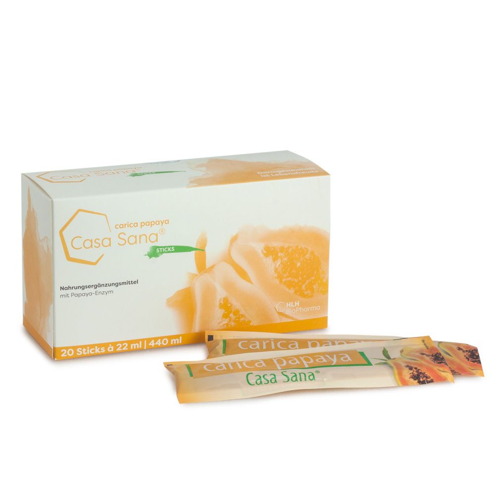 Casa Sana Carica Papaya-Packung mit 3 Sticks. Aufdruck: 20 Sticks à 22 ml, Papaya-Enzym. Orangefarbene Papaya-Abbildung.