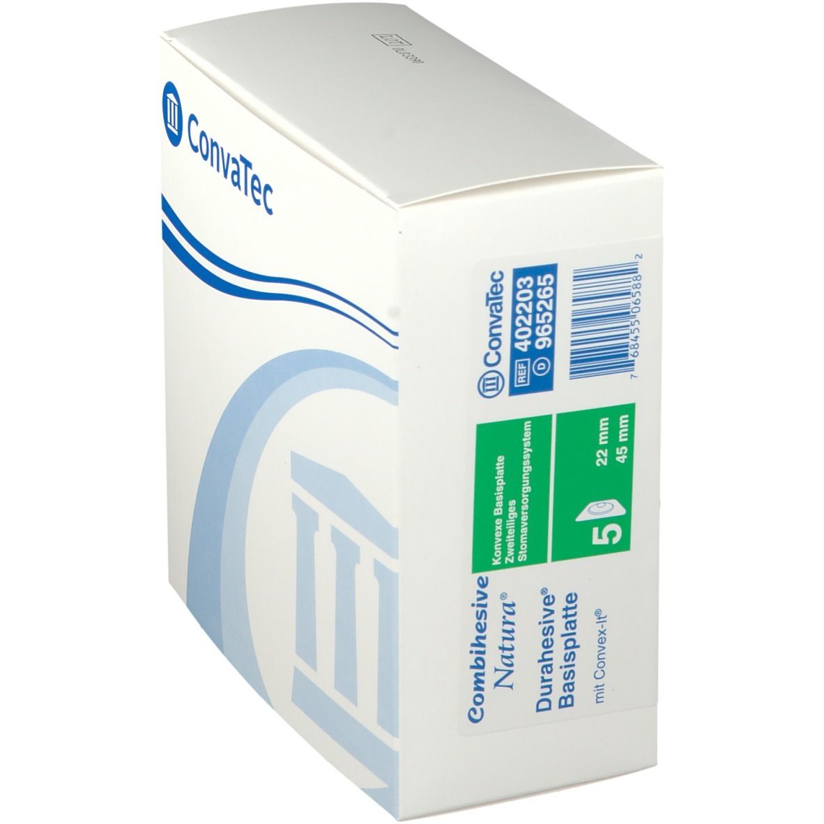 Weiße Verpackung mit blauen Akzenten. Aufschrift: Combihesive Natura Basisplatten, 22/45mm, 5 Stück. Marke Convatec.