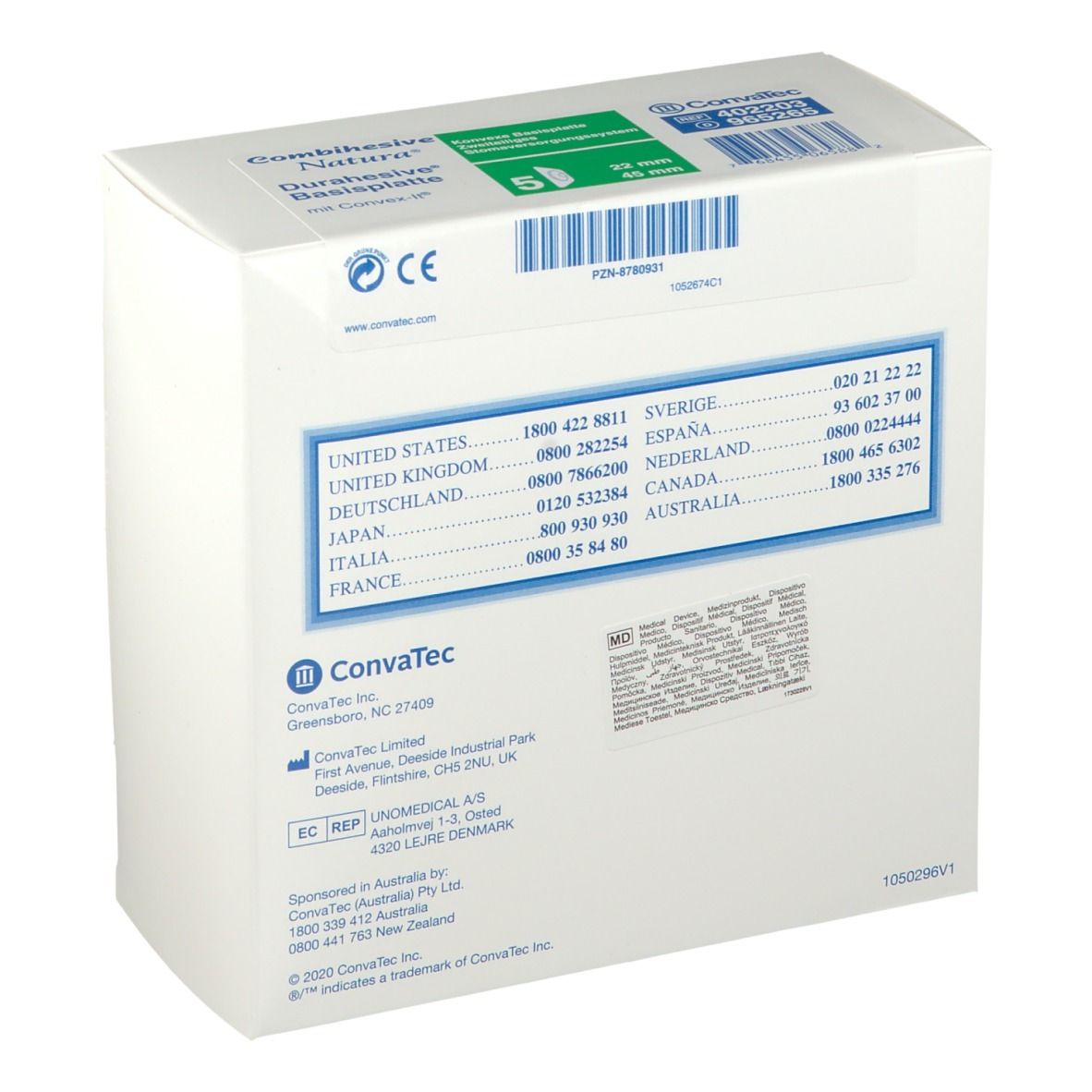 Rückseite der weißen Verpackung. Kontaktinformationen für verschiedene Länder. Marke Convatec. CE-Kennzeichnung.