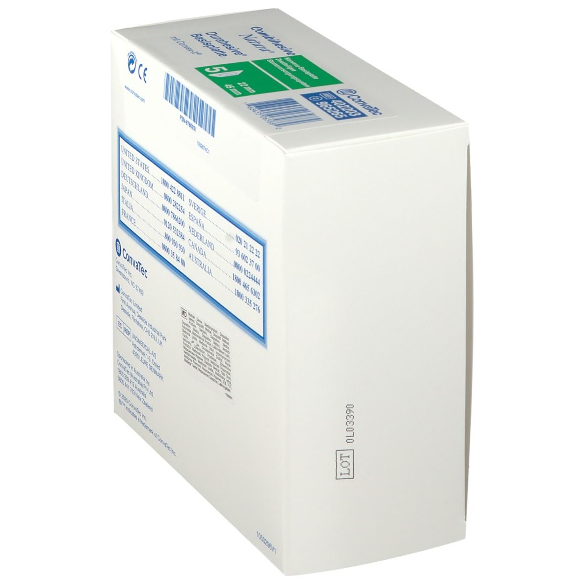 Weiße Verpackung, Seitenansicht. Aufschrift: Combihesive Natura Basisplatten, 22/45mm, 5 Stück. Marke Convatec. LOT-Nummer.