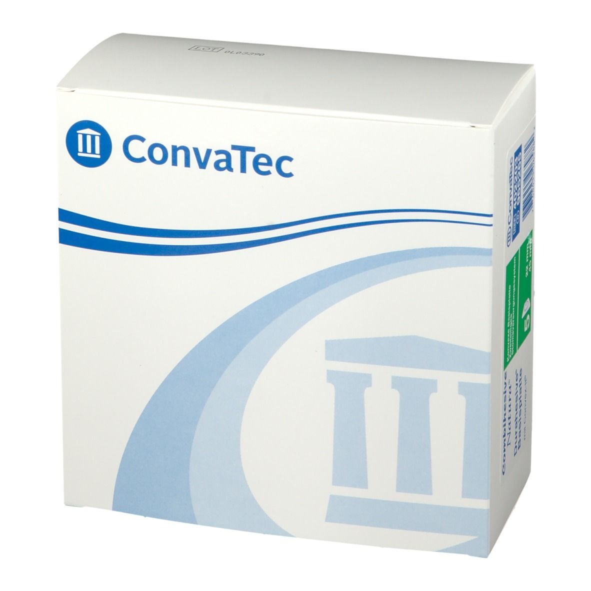 Weiße Verpackung mit blauem Logo Convatec. Aufschrift: Convatec. Abgerundete Form. Blauer geschwungener Streifen.