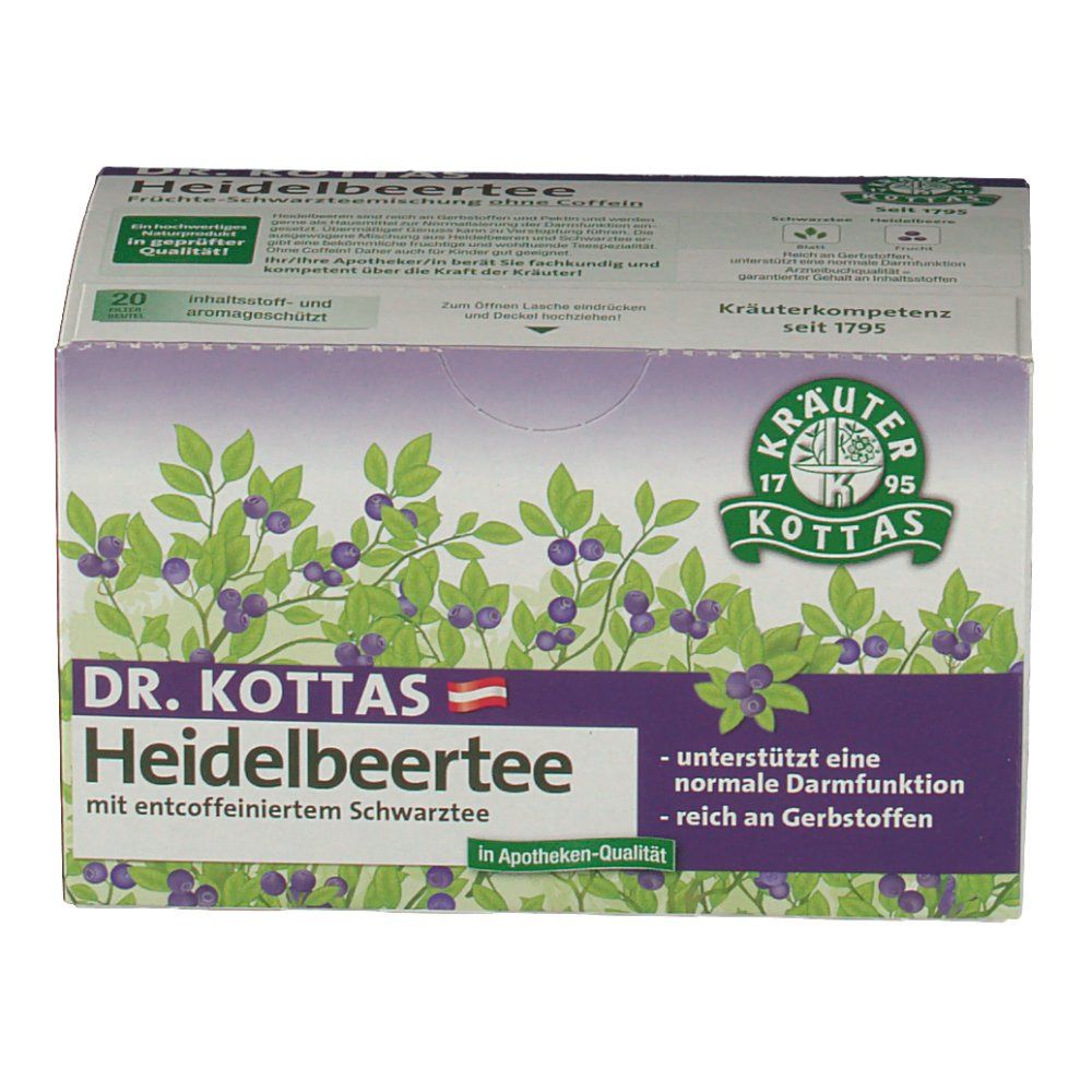 Schachtel Dr. Kottas Heidelbeertee. Aufdrucke: Heidelbeeren, Kräuterkompetenz, 20 Beutel, ohne Koffein, Apotheken-Qualität.