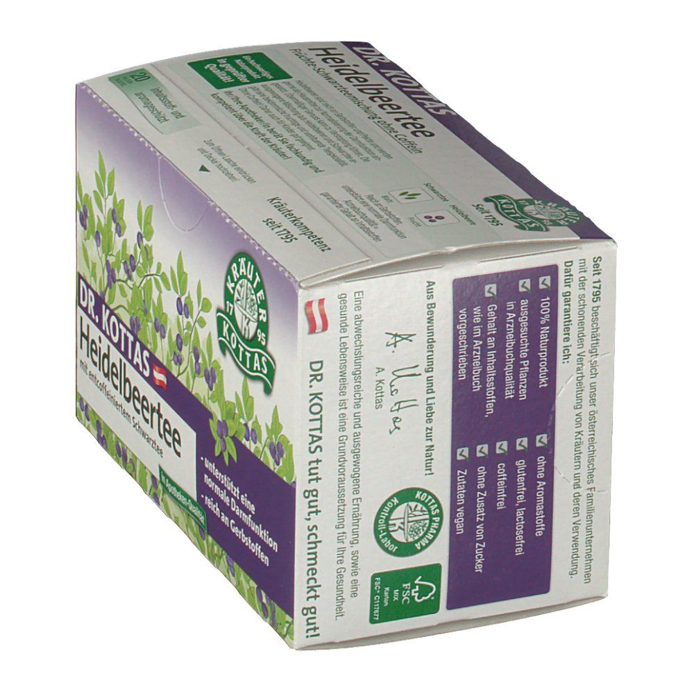 Schachtel Dr. Kottas Heidelbeertee. Aufdrucke: Heidelbeeren, Kräuterkompetenz, ohne Koffein, Apotheken-Qualität, FSC-Siegel.