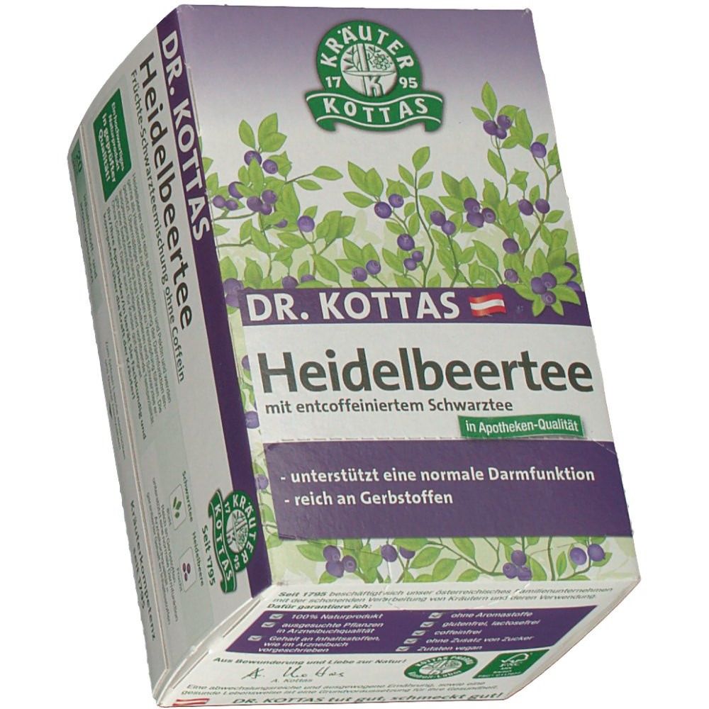 Schachtel Dr. Kottas Heidelbeertee. Aufdrucke: Heidelbeeren, Kräuterkompetenz, ohne Koffein, Apotheken-Qualität, Text über Darmfunktion.