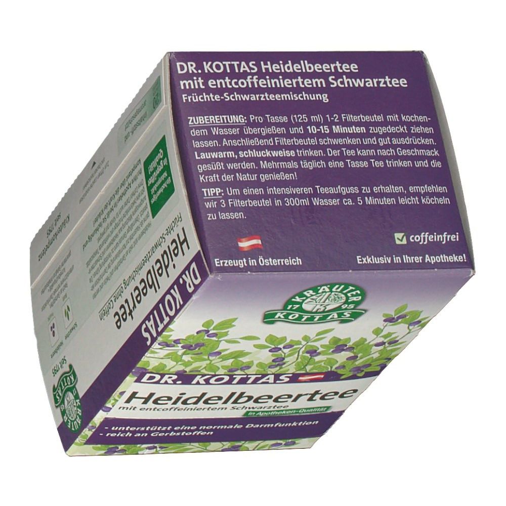 Schachtel Dr. Kottas Heidelbeertee. Aufdrucke: Zubereitung, ohne Koffein, Kräuterkompetenz, Apotheken-Qualität, hergestellt in Österreich.