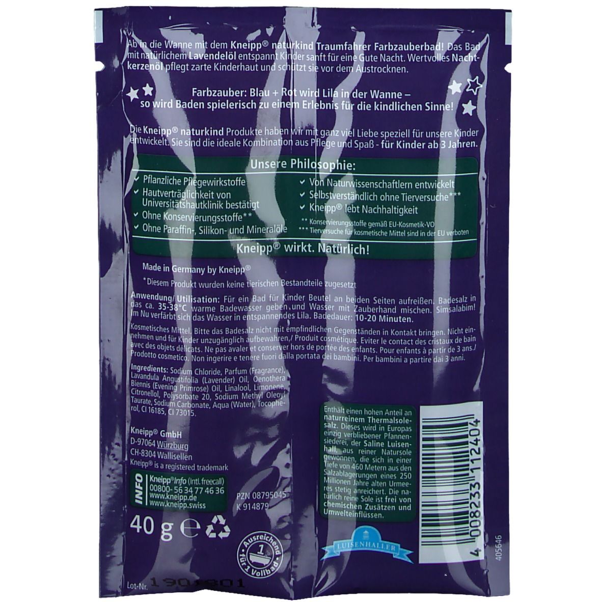 Dunkelblaue Verpackung mit Produktinformationen und Logo. Enthält 40g. Siegel mit Qualitätsmerkmal.