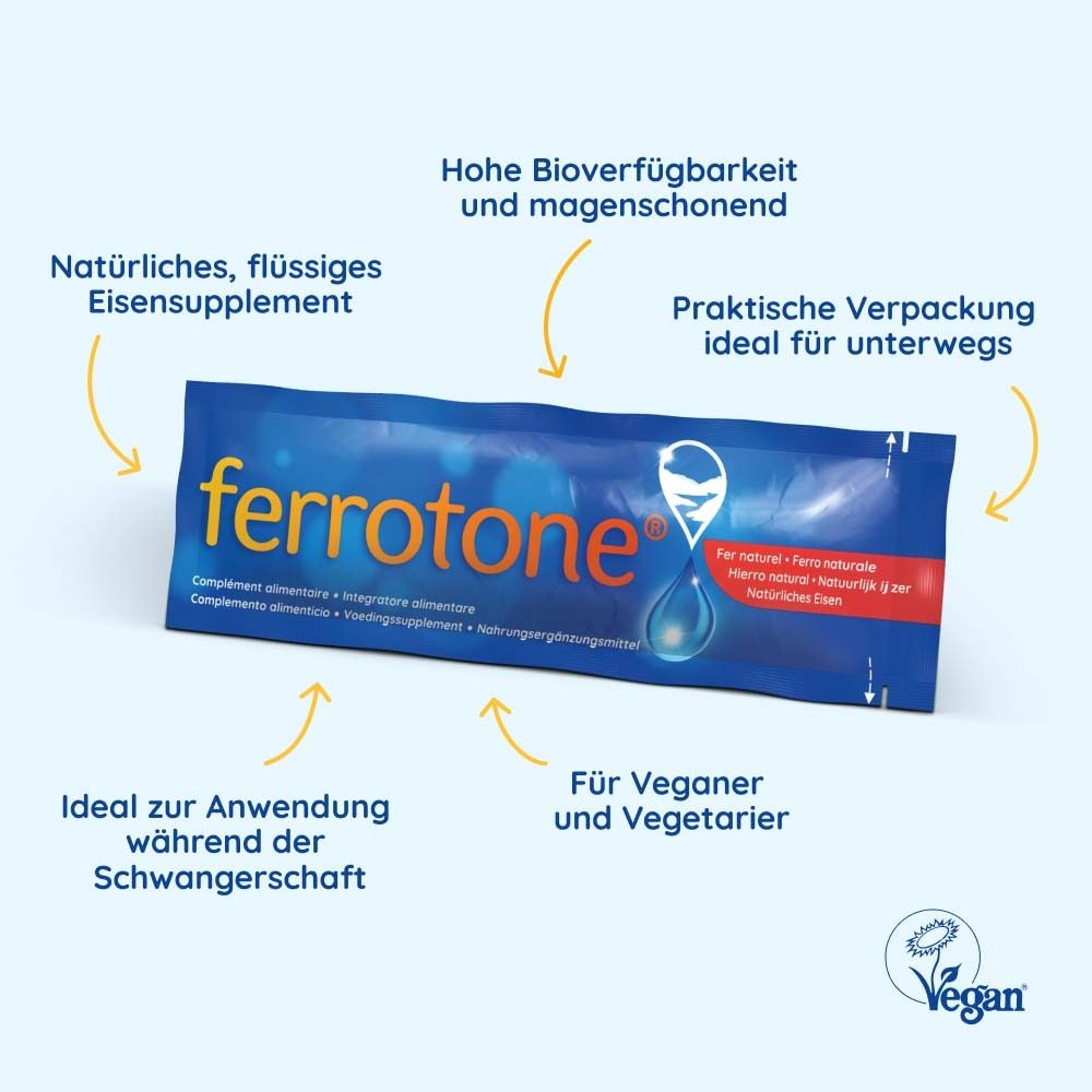 Blauer Hintergrund mit ferrotone®-Beutel. Text: Natürliches, flüssiges Eisensupplement. Vegan-Siegel.