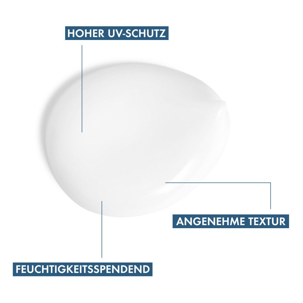 Weißes Produkt mit Beschriftungen: HOHER UV-SCHUTZ, ANGENEHME TEXTUR, FEUCHTIGKEITSSPENDEND.