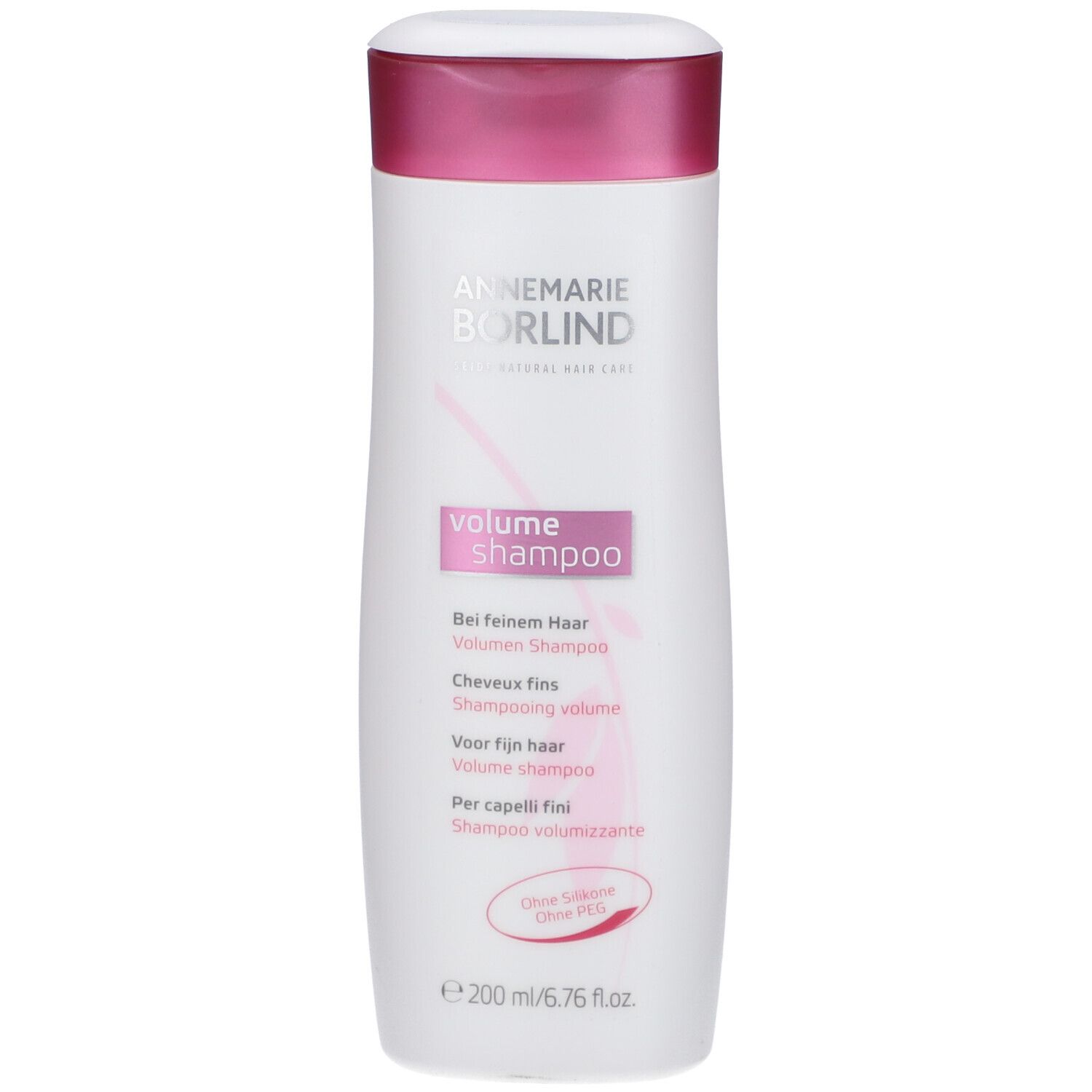 Weißes Shampoo mit lila Deckel. Aufschrift: ANNEMARIE BÖRLIND, Volumen-Shampoo. Text in mehreren Sprachen.