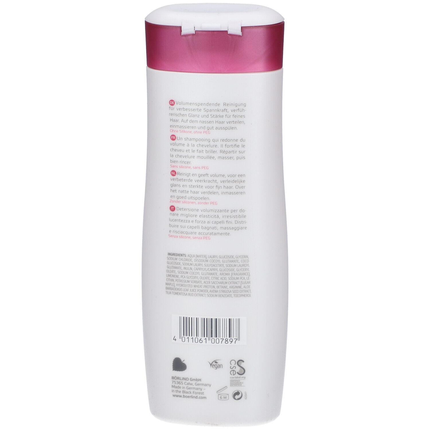 Rückseite einer weißen Shampoo-Flasche mit lila Deckel. Text in mehreren Sprachen und Inhaltsangaben.