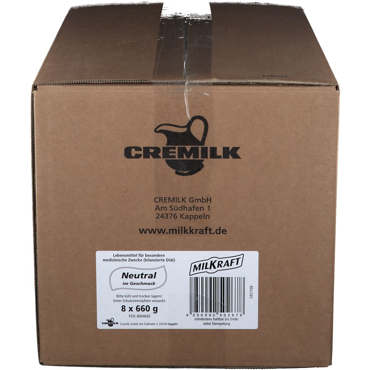 Karton mit Milkraft Aufbaunahrung Neutral. Enthält 8 Packungen à 660g. Text und Barcode auf dem Karton.