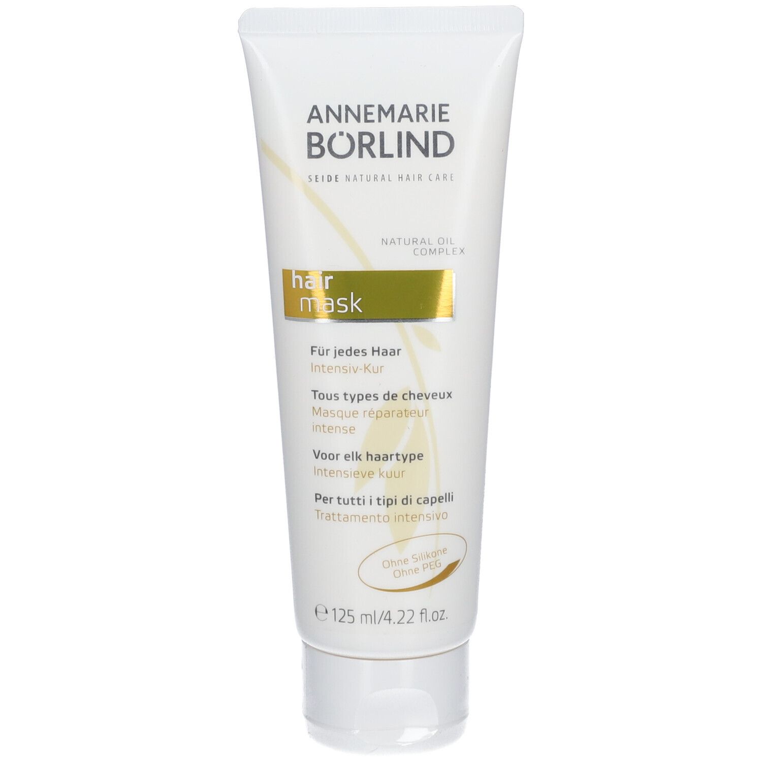 Weiße Tube mit "ANNEMARIE BÖRLIND" und "hair mask" Aufdruck. Goldfarbener Streifen. Text in Deutsch, Französisch, Niederländisch und Italienisch.