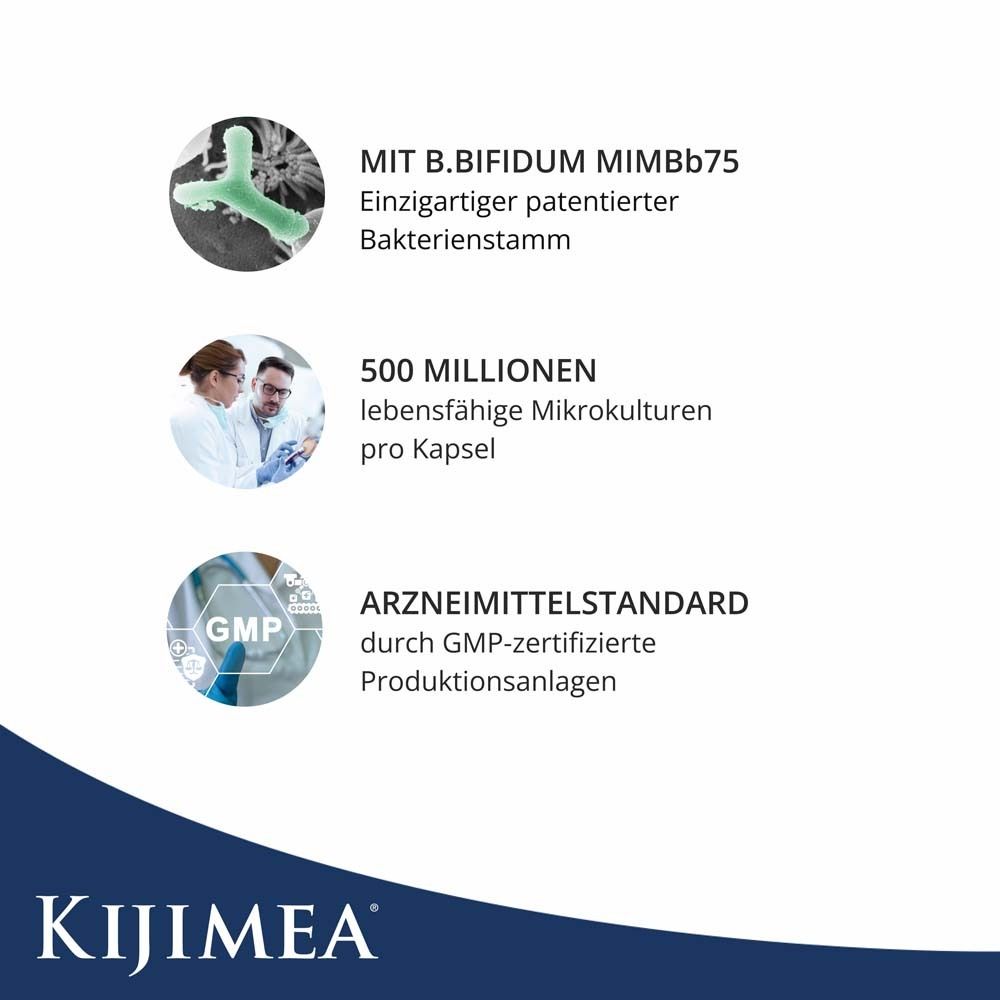 Grafik mit Informationen zu Kijimea®. Enthält Informationen zu B.bifidum MIMBb75, 500 Millionen Mikrokulturen und GMP-Zertifizierung.