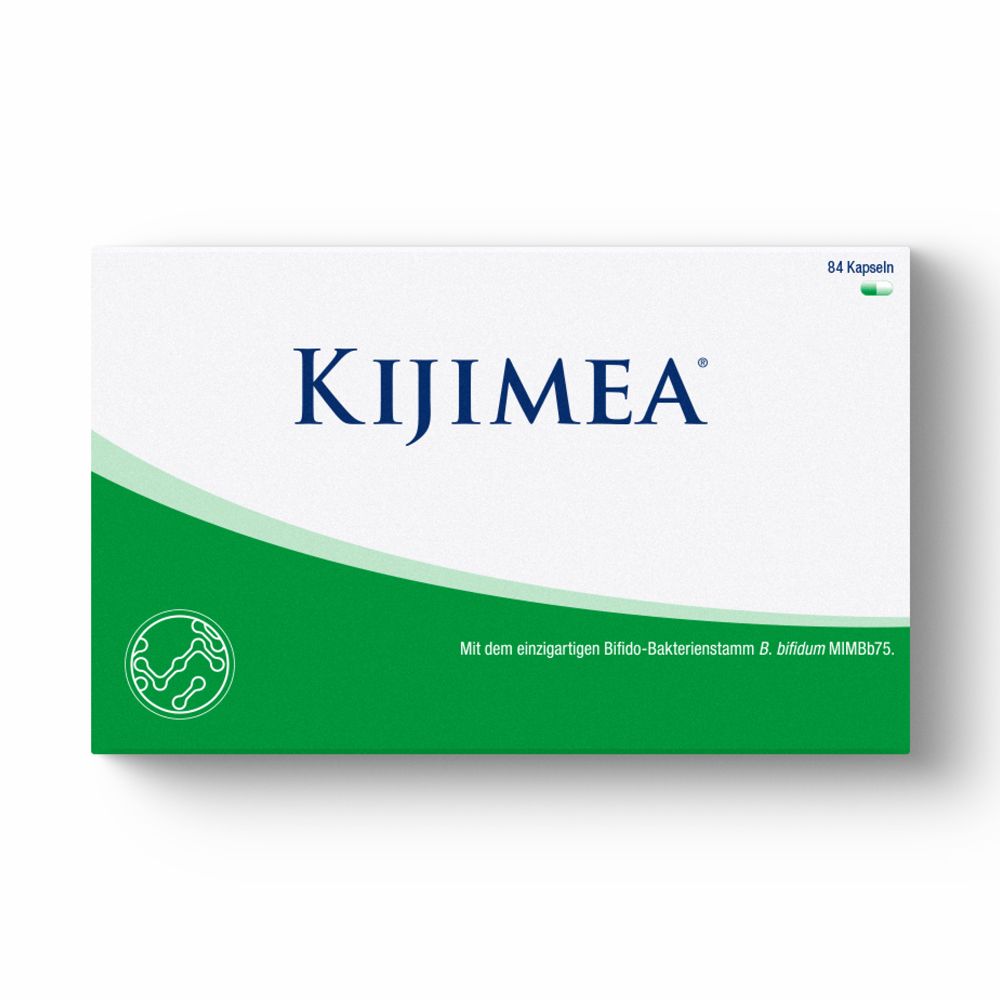 Weiße Schachtel mit grünem Streifen. Aufschrift: KIJIMEA. Enthält 84 Kapseln. Logo mit grünen Linien.