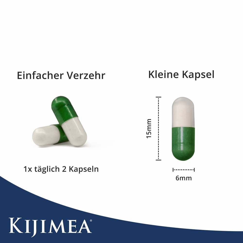 Zwei Kapseln, eine grün-weiß, die andere grün. Maße: 15mm x 6mm. Text: Einfacher Verzehr, Kleine Kapsel.