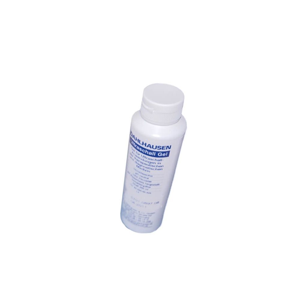 Weiße Flasche mit transparentem Ultraschallgel und weißem Schraubverschluss. Beschriftung mit Markennamen und Produktinformationen.