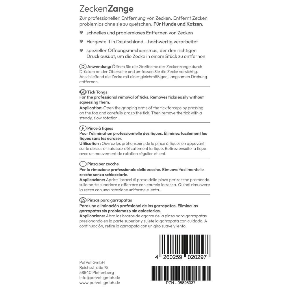 Rückseite der Verpackung. Text in Deutsch, Englisch, Französisch, Italienisch und Spanisch. Produktname und Hersteller.