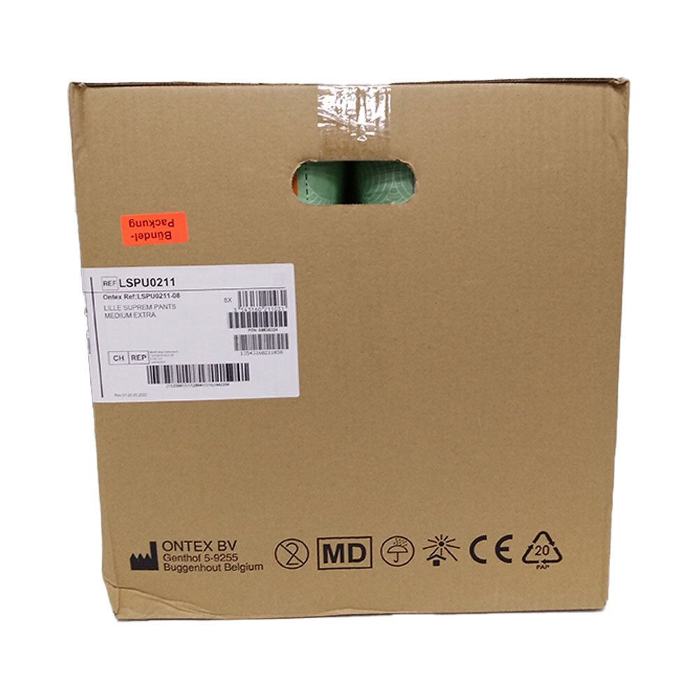 Kartonverpackung mit Grifföffnungen. Etikett mit Barcode und Produktinformationen. MD-Kennzeichnung. CE-Zeichen.