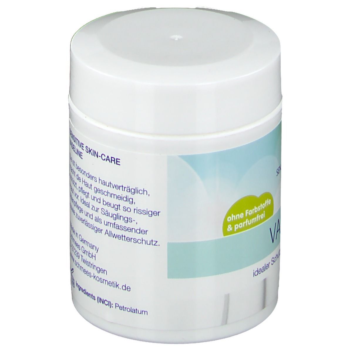 Weißer Tiegel mit Deckel. Auf der Seite Text: SENSITIVE SKIN-CARE, VASELINE. Made in Germany. 125ml. Inhaltsstoffe.