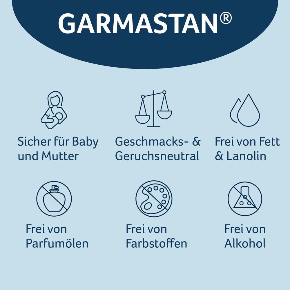 Garmastan®-Logo. Sicher für Baby und Mutter. Geschmacks- & Geruchsneutral. Frei von Fett & Lanolin.