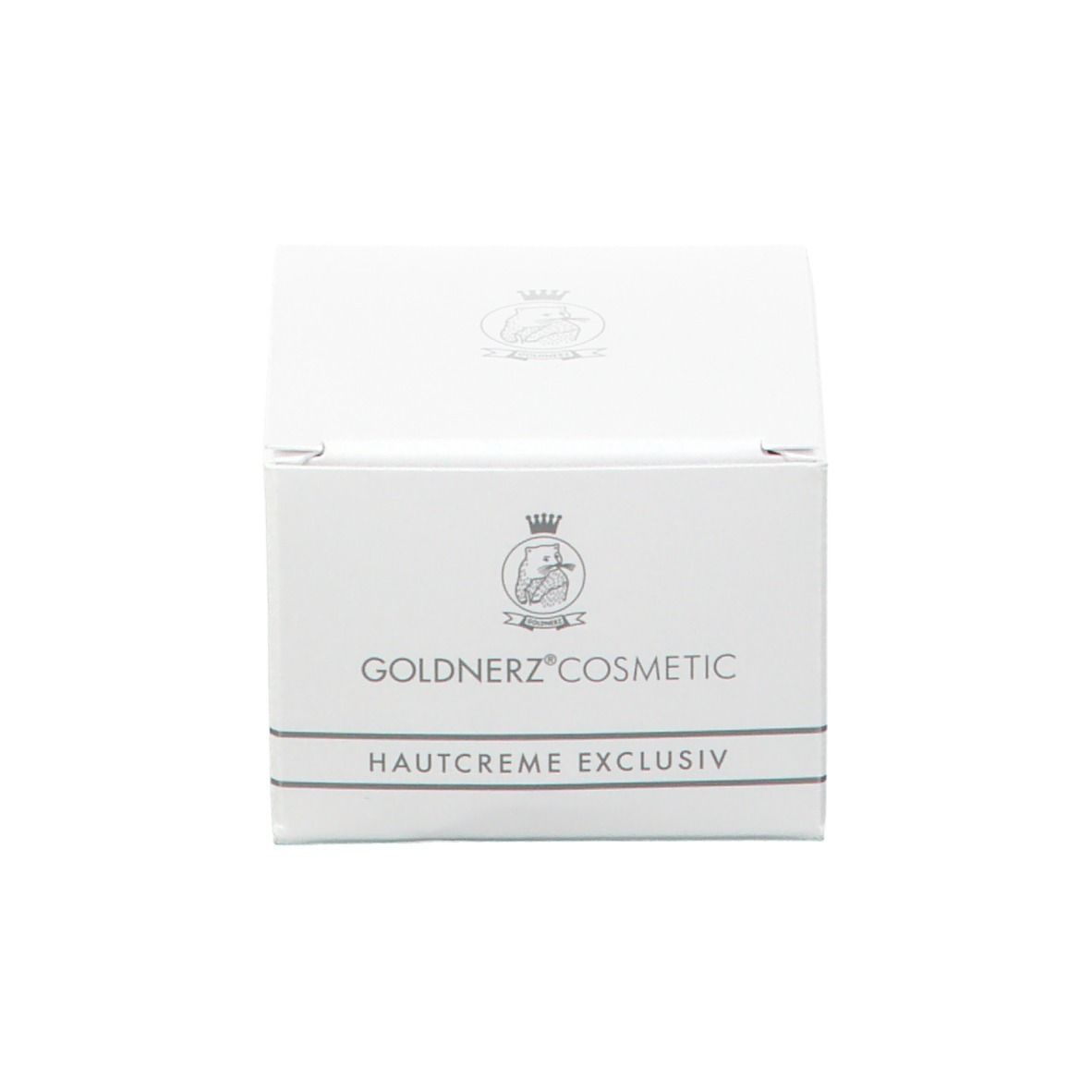 Weiße Schachtel. Aufschrift: GOLDNERZ COSMETIC, HAUTCREME EXCLUSIV.