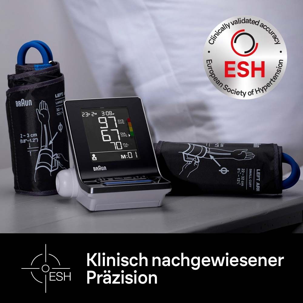 Blutdruckmessgerät mit Display und Manschette. ESH-Zertifizierung. Schwarzes Display mit Messwerten. Manschette am Arm.