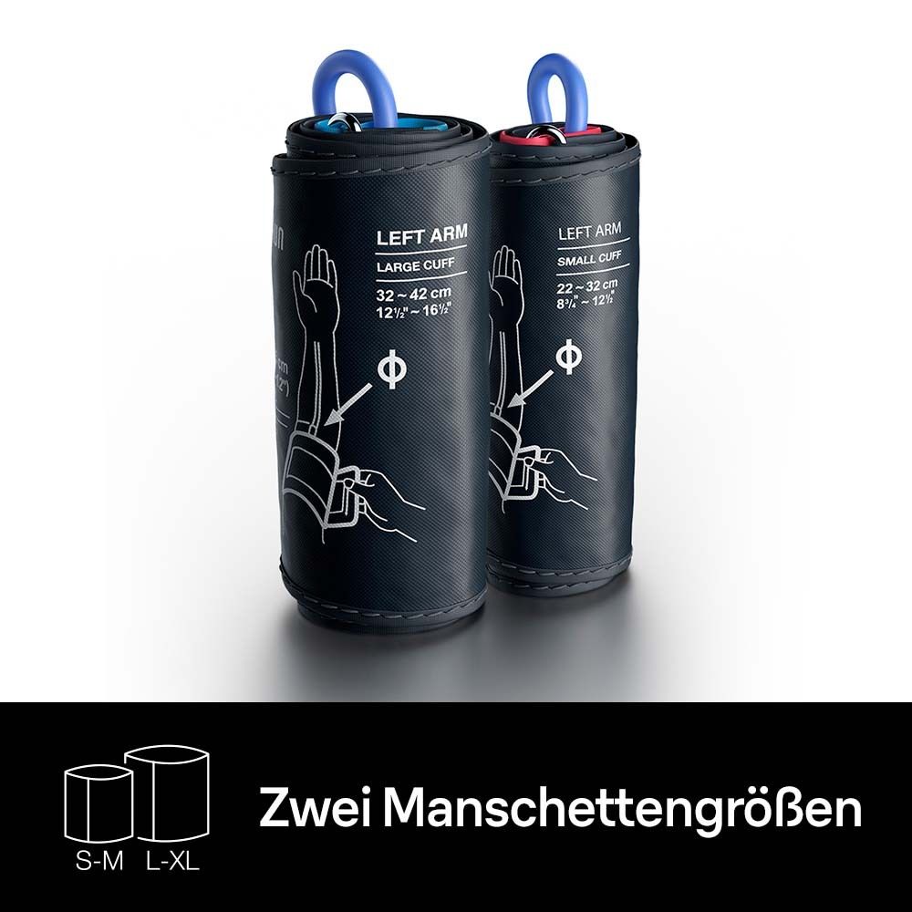 Zwei Manschetten in verschiedenen Größen. Schwarze Manschetten mit blauen Schlaufen. Größen S-M und L-XL.