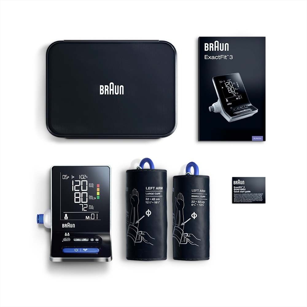 Blutdruckmessgerät, Manschetten, Tasche, Handbuch und Verpackung. Schwarze Geräte. Braun ExactFit 3.