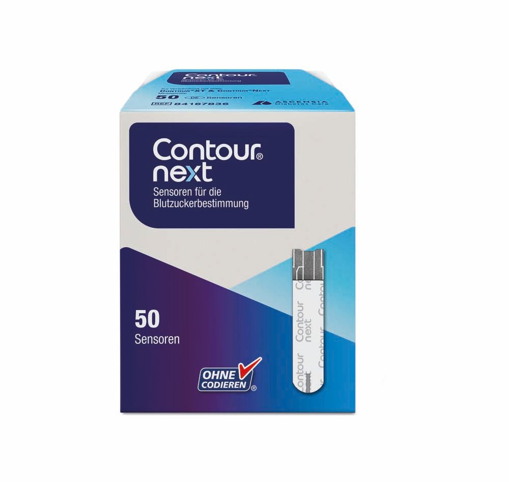 Packung mit 50 Sensoren. Aufschrift: Contour next, Sensoren für die Blutzuckerbestimmung. Ohne Codieren.