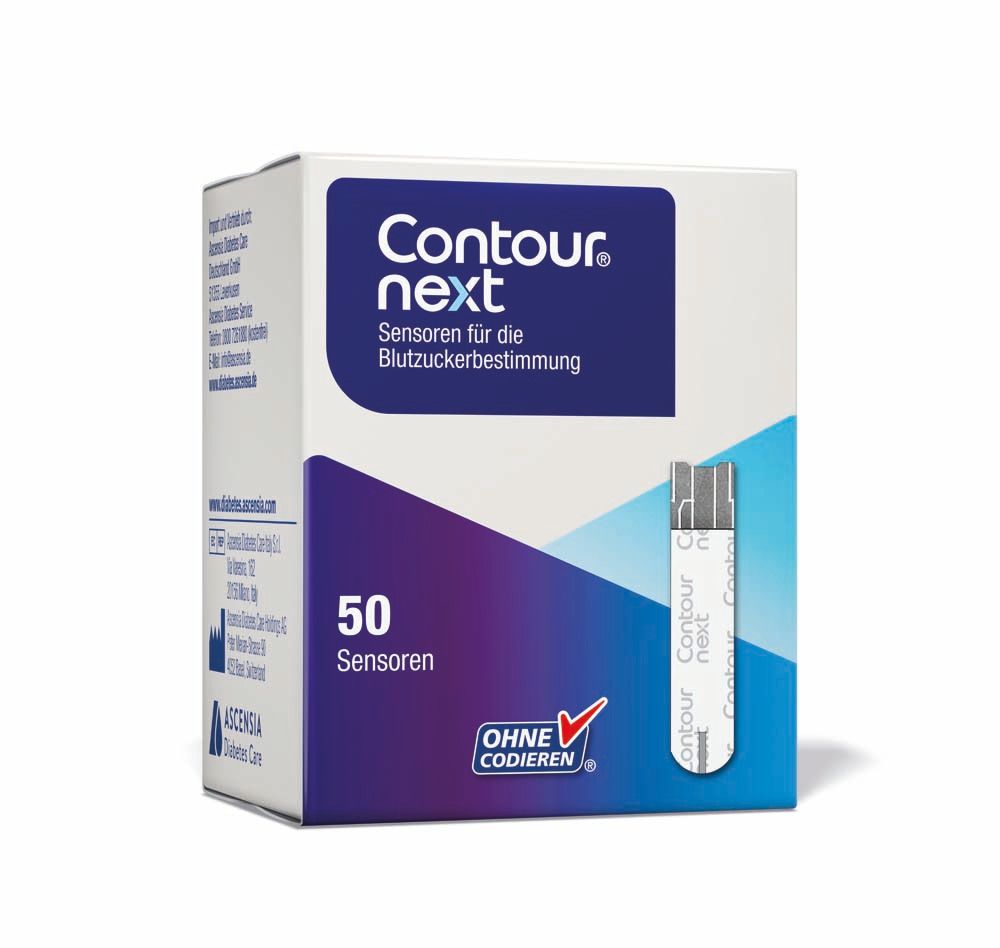 Packung mit 50 Sensoren. Aufschrift: Contour next, Sensoren für die Blutzuckerbestimmung. Ohne Codieren. Farbverlauf.