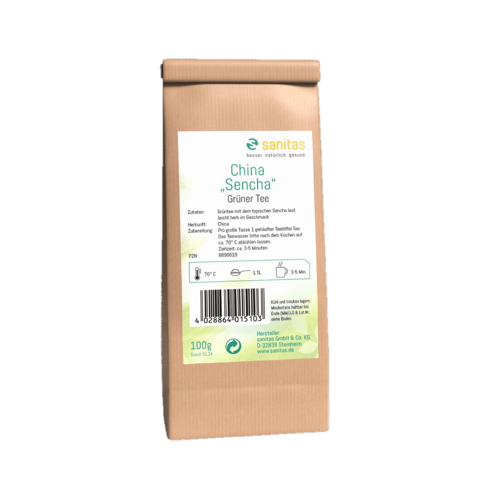 Grüner Tee Sencha in brauner Papiertüte mit Etikett. 100g.