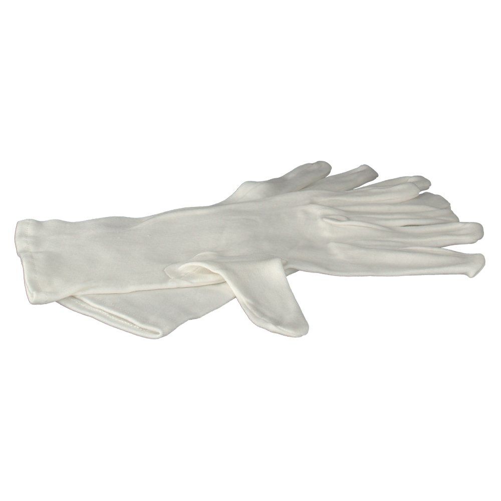 Zwei weiße Zwirnhandschuhe, Größe 15, liegen nebeneinander. Baumwollstoff.