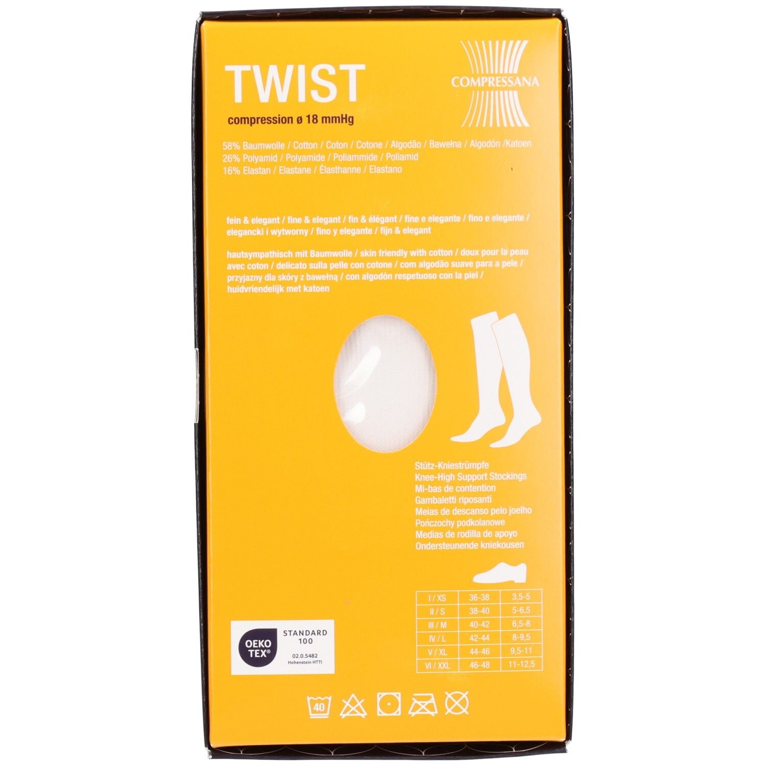 Gelbe Verpackung mit "TWIST" und "compression e 18 mmHg". Logo "COMPRESSANA". Kniestrümpfe-Illustration. Oeko-Tex-Zertifizierung.