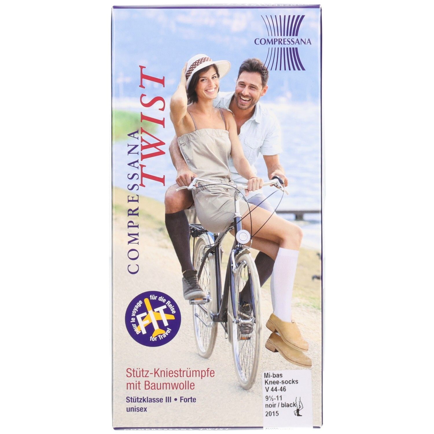 Verpackung COMPRESSANA TWIST Stütz-Kniestrümpfe. Frau und Mann auf Fahrrad. Text: Stütz-Kniestrümpfe mit Baumwolle.
