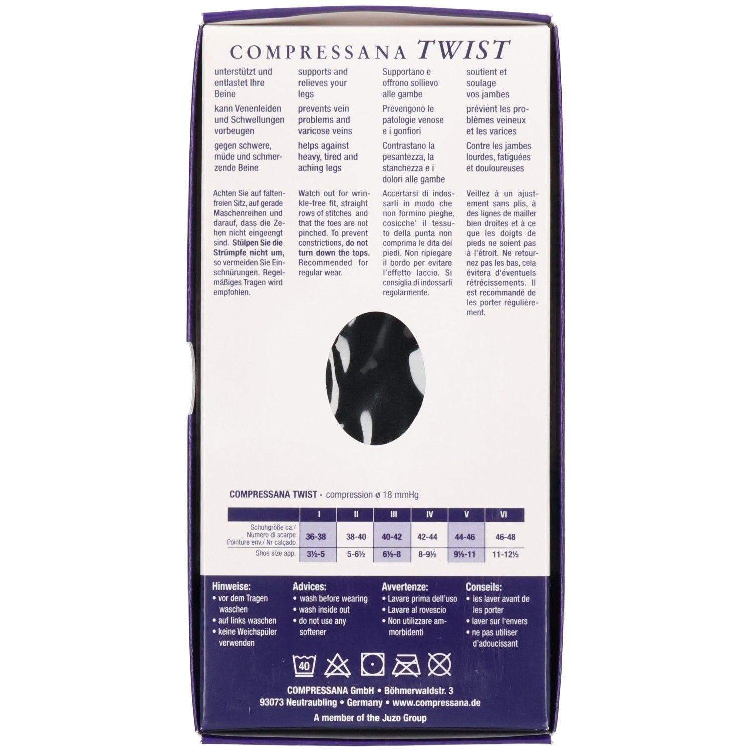 Rückseite der Verpackung COMPRESSANA TWIST. Text: unterstützt und entlastet Ihre Beine. Größentabelle und Hinweise.