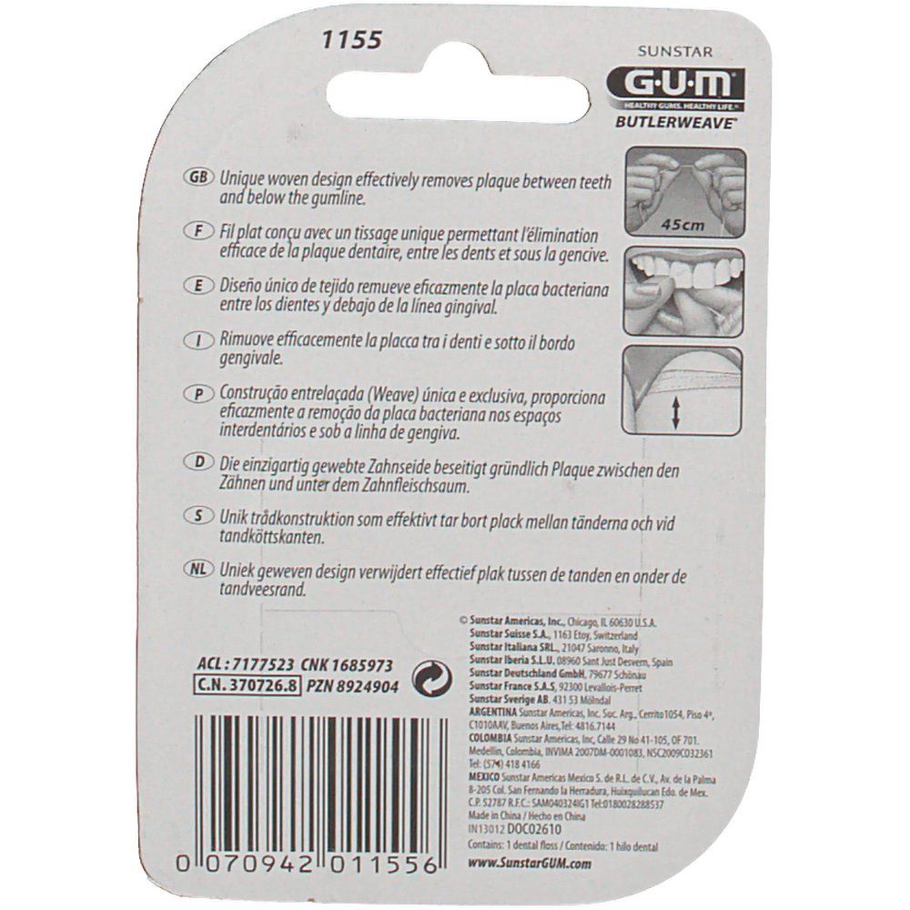 Rückseite der Blisterverpackung. Text in mehreren Sprachen. Illustrationen zur Anwendung. Marke GUM Butlerweave.