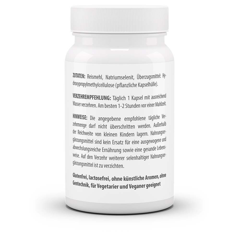 Rückseite der weißen Flasche. Enthält Zutaten, Verzehrempfehlung und Hinweise. Glutenfrei, laktosefrei.