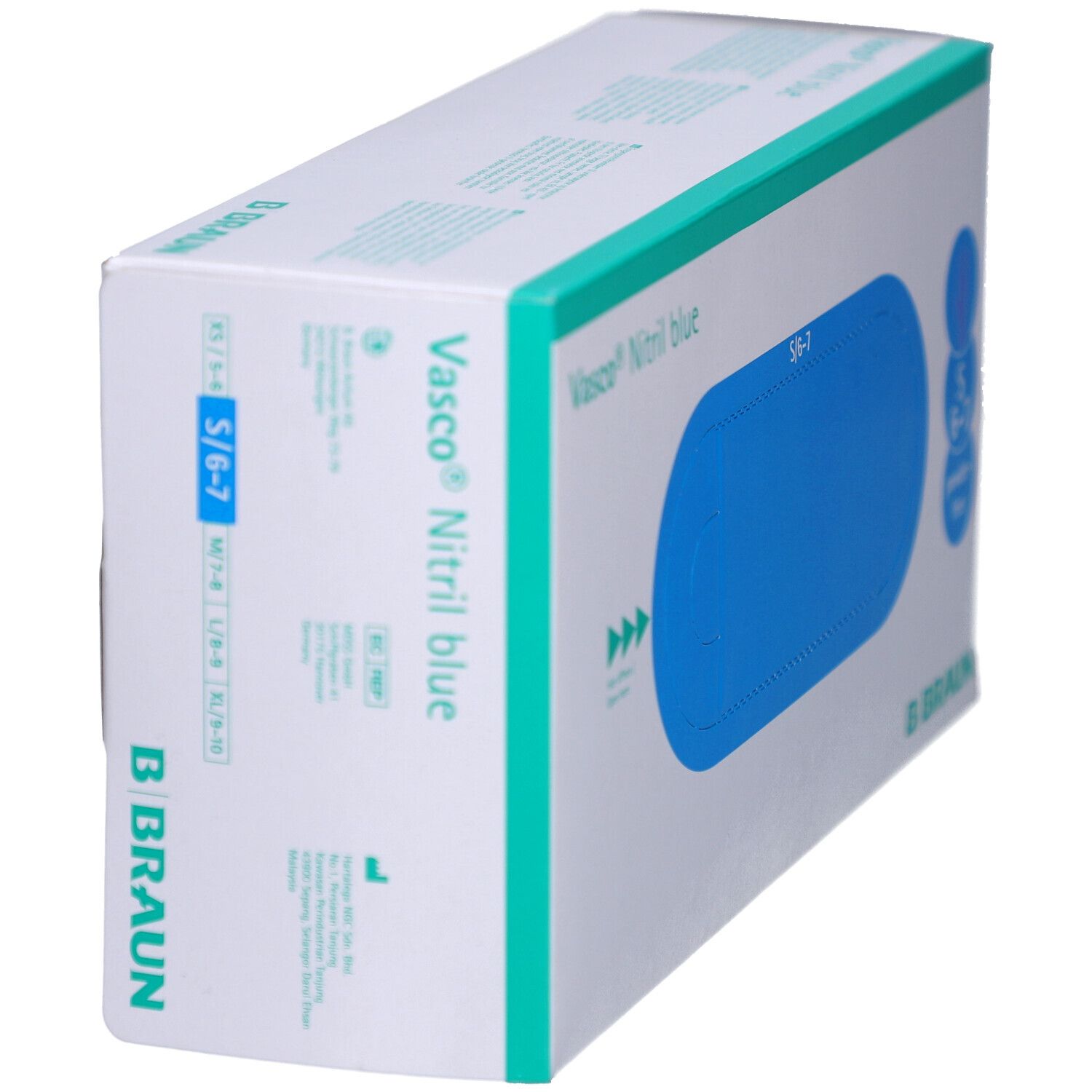 Verpackung von Vasco® Nitril blue Handschuhen. Blaue Handschuh-Darstellung. Größe S 6-7. Marke B. Braun. Ansicht schräg.