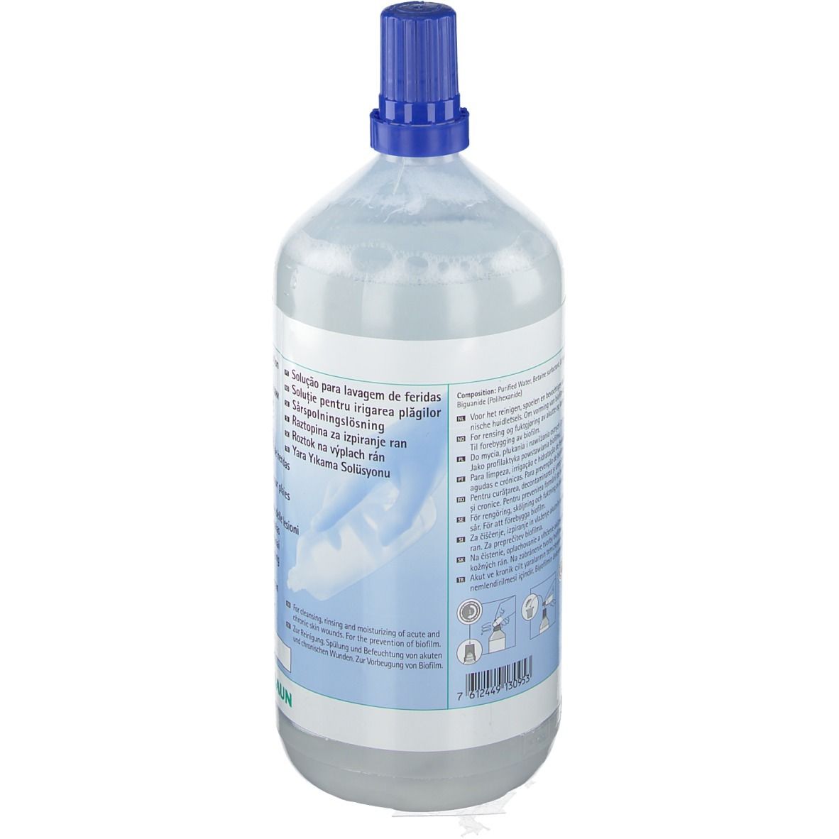 Rückansicht einer Flasche mit klarer Flüssigkeit und blauem Verschluss. Text auf Etikett.