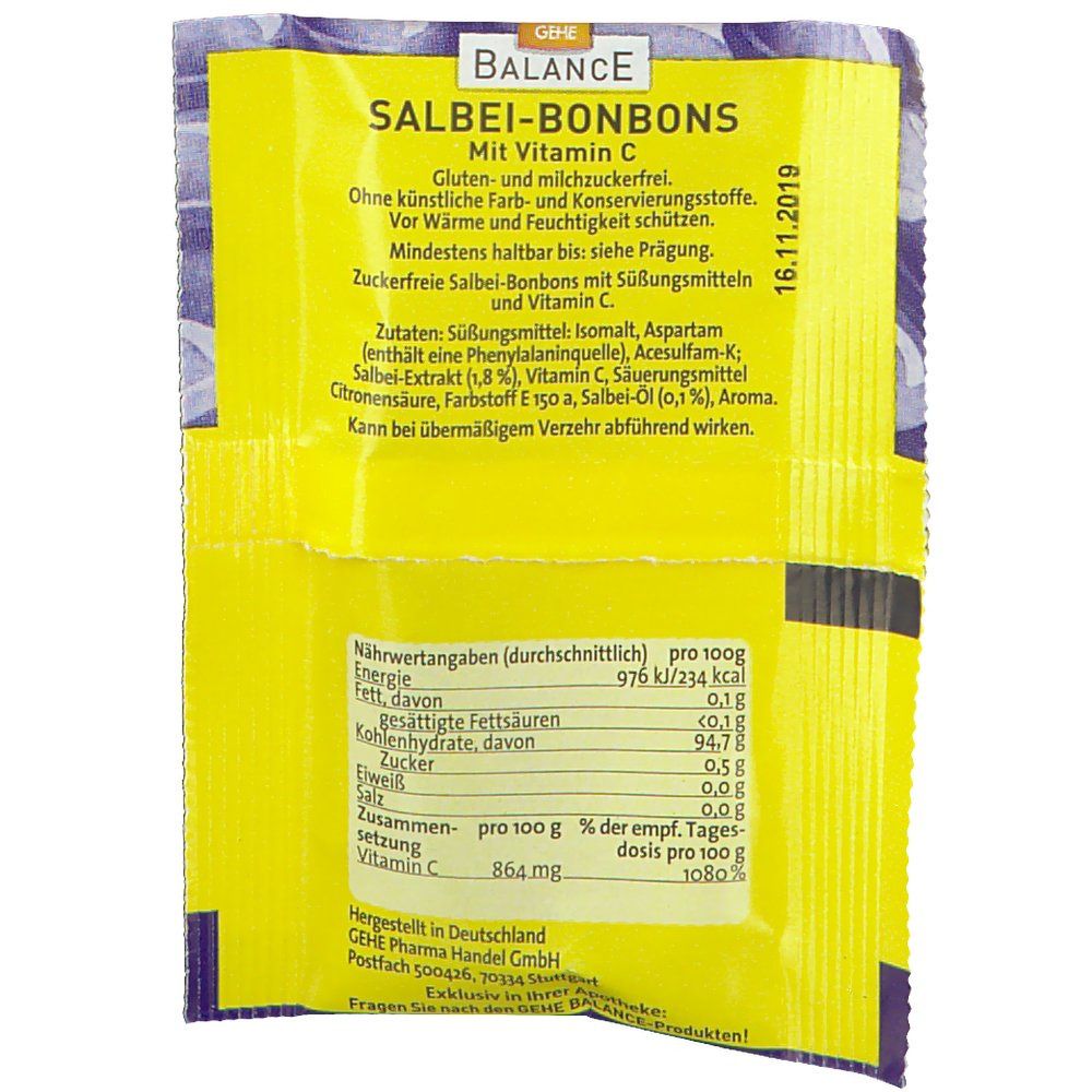 Gelbe Verpackung mit Aufschrift 'SALBEI-BONBONS'. Enthält Vitamin C. Text in deutscher Sprache. Mindesthaltbarkeitsdatum: 16.11.2019.