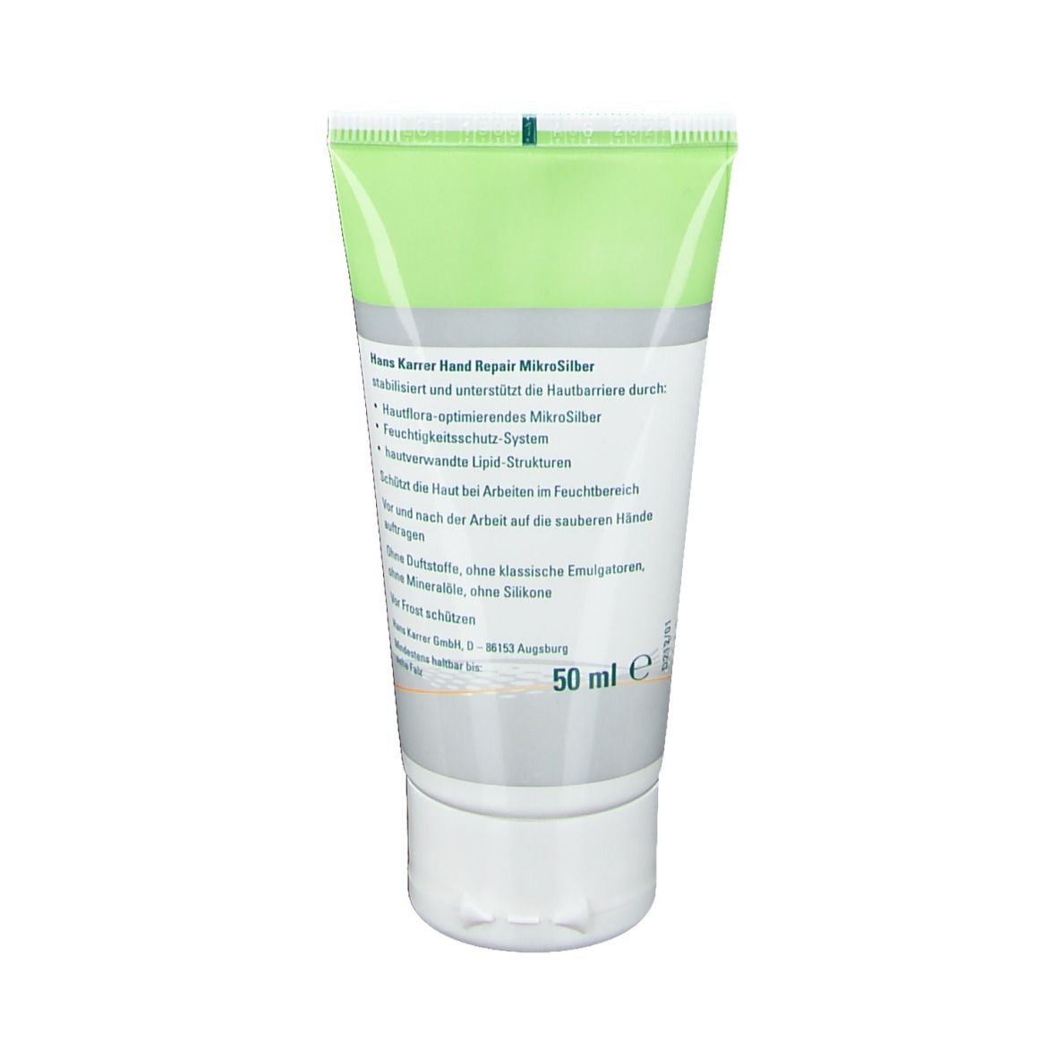 Rückseite der Creme-Tube. Text: Hans Karrer Hand Repair Mikrosilber, Inhaltsstoffe, 50 ml. Ohne Duftstoffe, Mineralöle, Silikone.