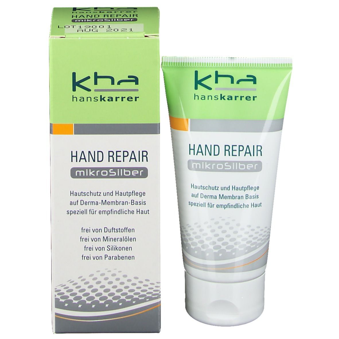 Produktverpackung mit Tube. Karton und Tube: kha hanskarrer, HAND REPAIR Mikrosilber. Text: Hautschutz und Hautpflege.