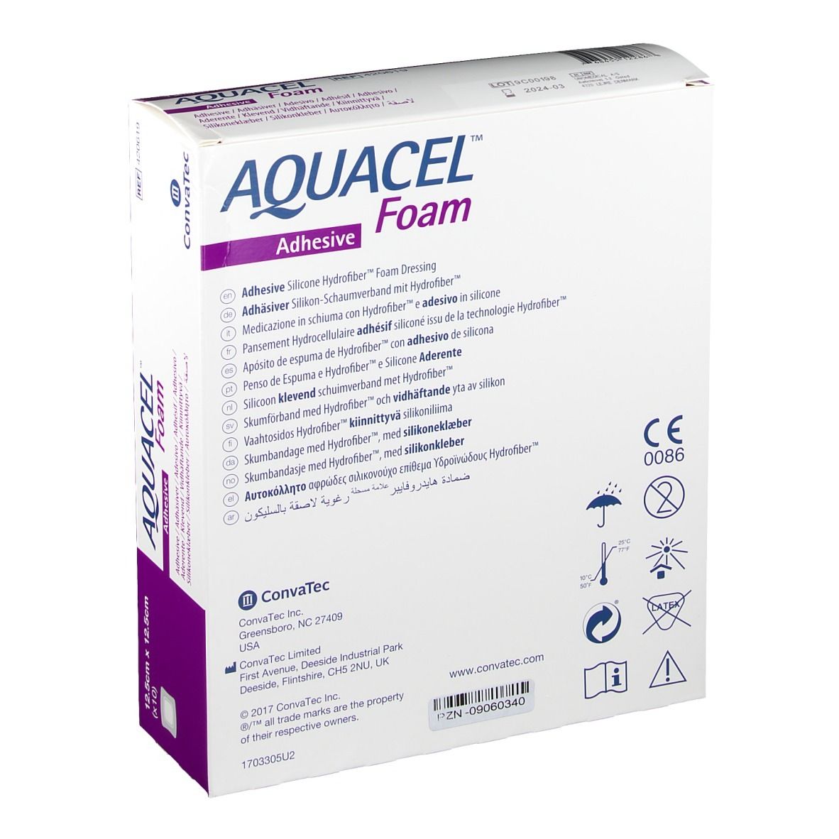 Rückseite der AQUACEL Foam adhäsiv Verpackung. Herstellerinformationen, CE-Kennzeichnung, Symbole. ConvaTec.
