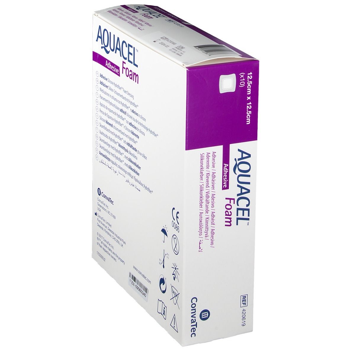 AQUACEL Foam adhäsiv Verband-Verpackung. Seitenansicht. Hersteller ConvaTec. Größenangaben 12,5 cm x 12,5 cm. Steril.