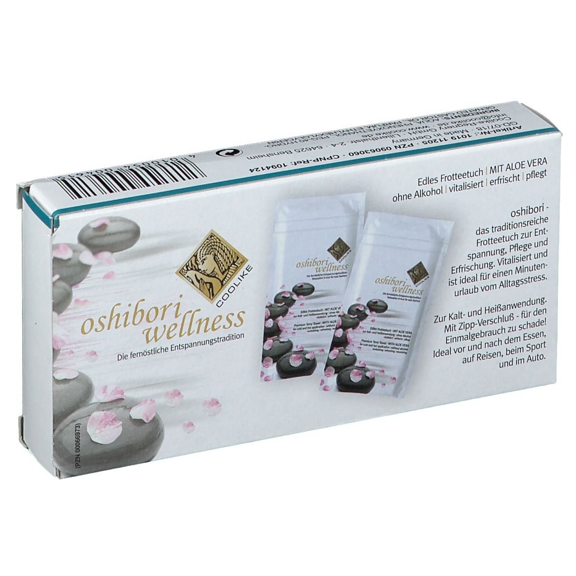 Verpackung mit Oshibori Wellness Tüchern. Text: Edles Frottiertuch mit Aloe Vera. Abbildung: Steine und Blüten. Mit Zipp-Verschluss.