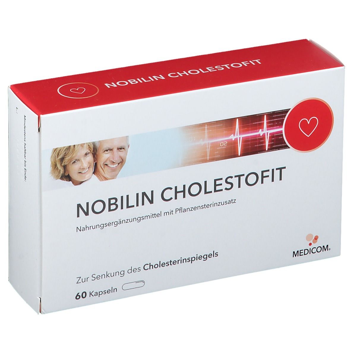 Weiße Schachtel mit rotem Deckel. Aufschrift: NOBILIN CHOLESTOFIT. Enthält 60 Kapseln. Abbildung von Personen und Herzsymbol.